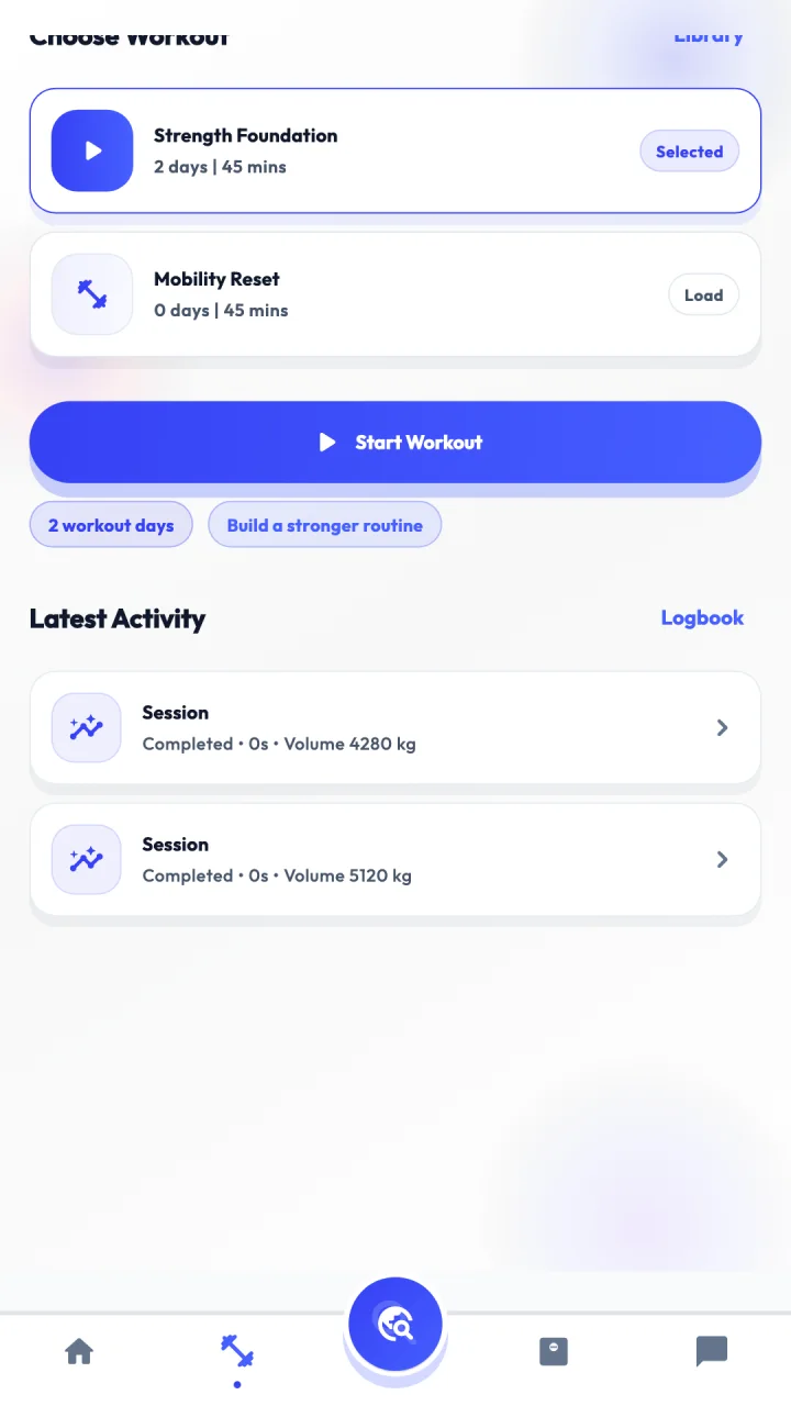 Atlas Member workout history screen showing completed sessions.