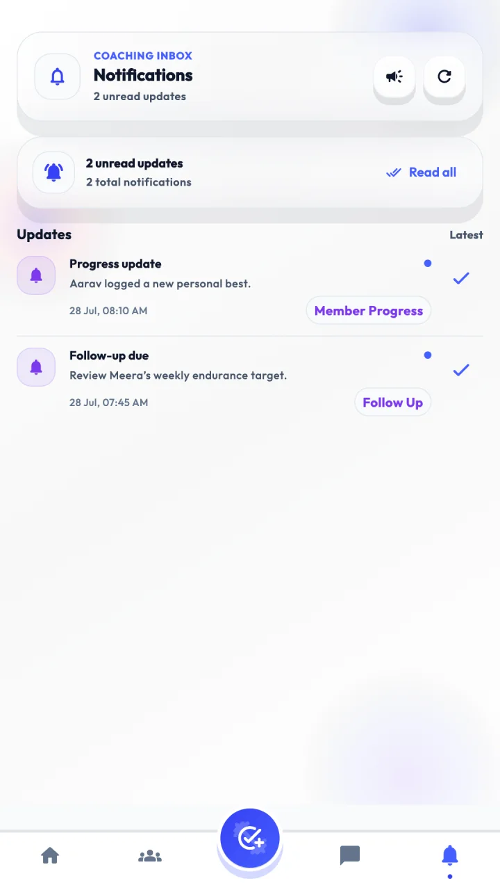 Atlas Trainer notifications screen showing coaching alerts.