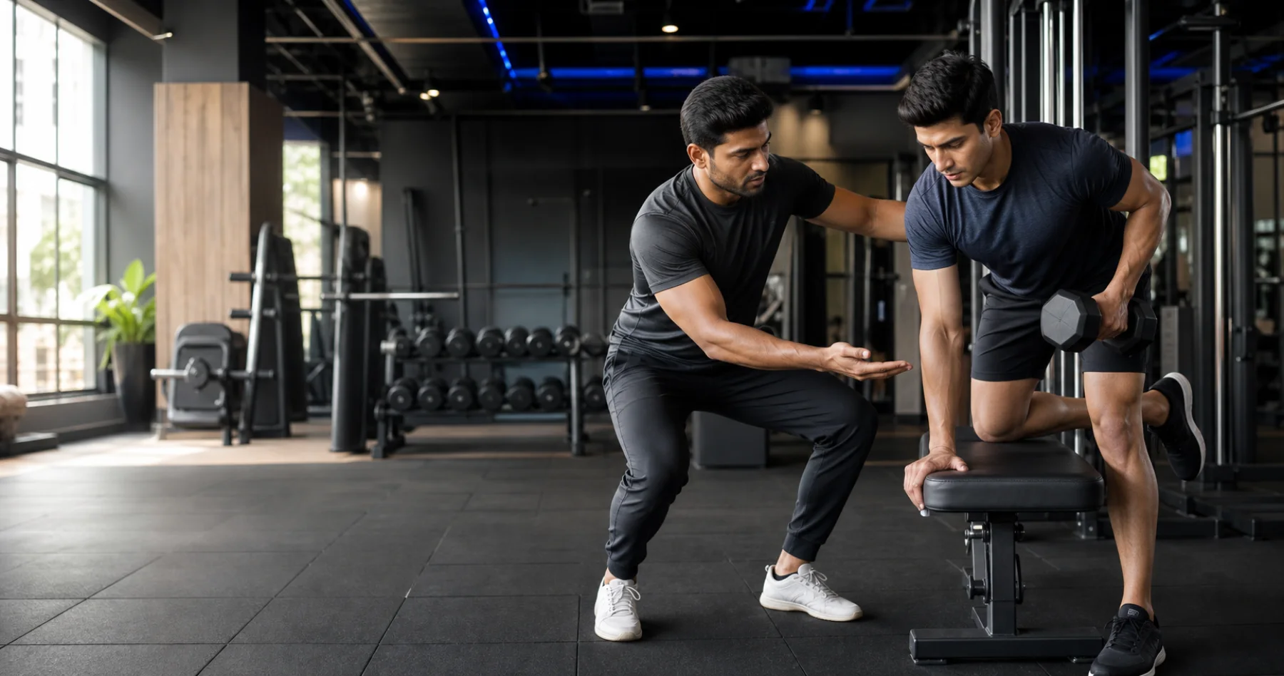 Personal trainer coaching a gym member with attentive, hands-on guidance